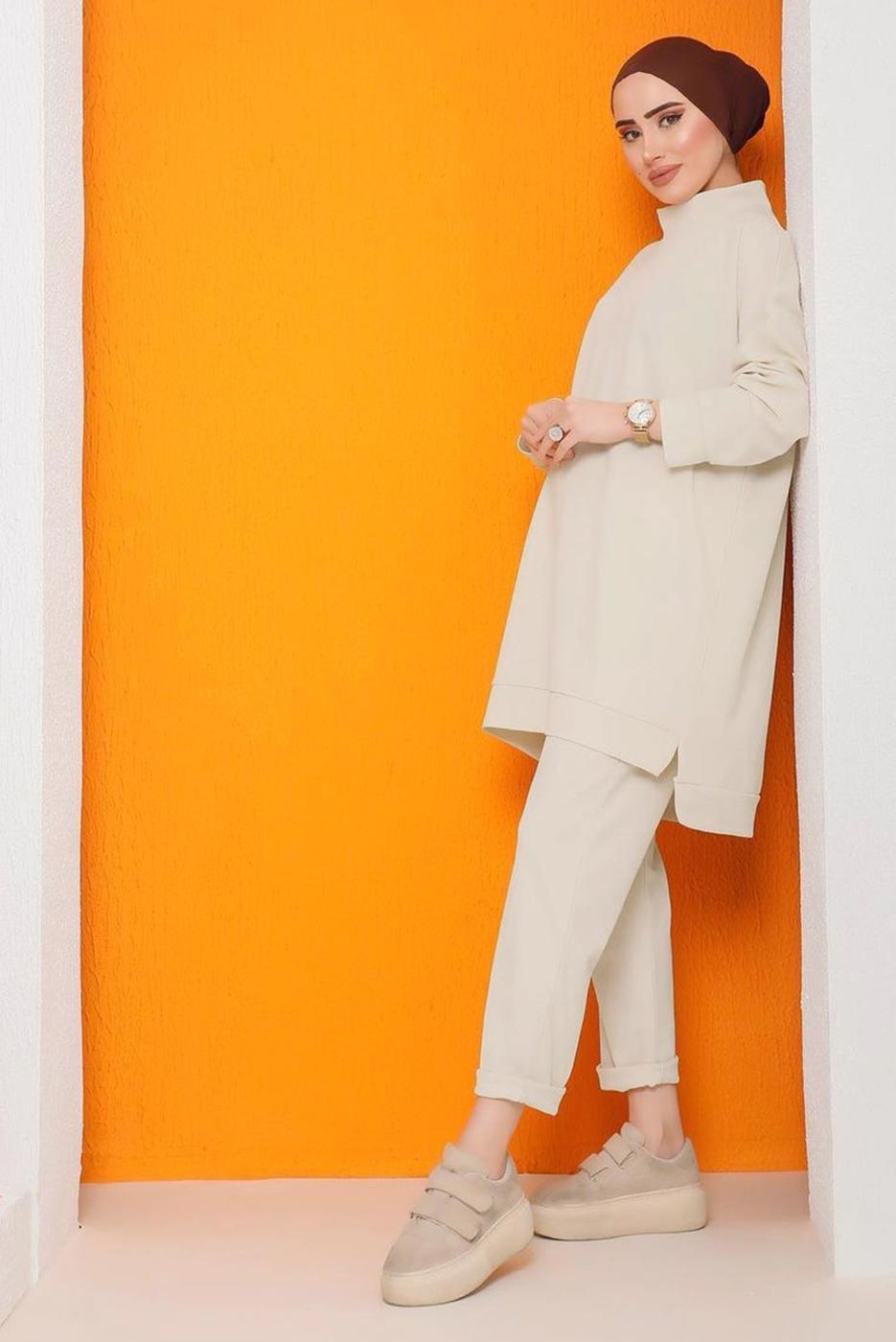 Tesettür giyim KREM DİK YAKALI İKİLİ PANTOLONLU TAKIM 4222 