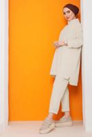 Tesettür giyim KREM DİK YAKALI İKİLİ PANTOLONLU TAKIM 4222 