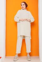 Tesettür giyim KREM DİK YAKALI İKİLİ PANTOLONLU TAKIM 4222 