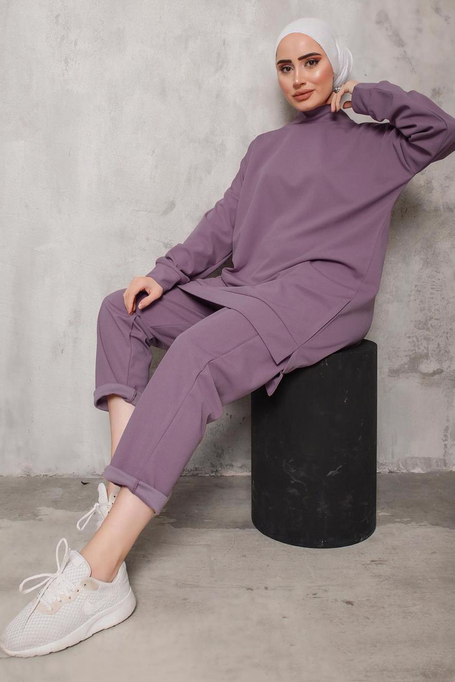 Tesettür giyim PEMBE DİK YAKALI İKİLİ PANTOLONLU TAKIM 4222 