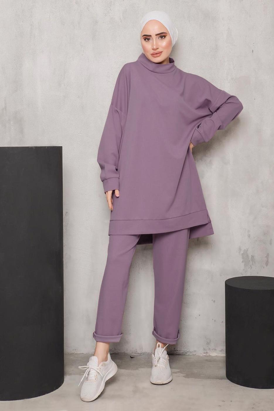 Tesettür giyim PEMBE DİK YAKALI İKİLİ PANTOLONLU TAKIM 4222 