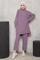 Tesettür giyim PEMBE DİK YAKALI İKİLİ PANTOLONLU TAKIM 4222 