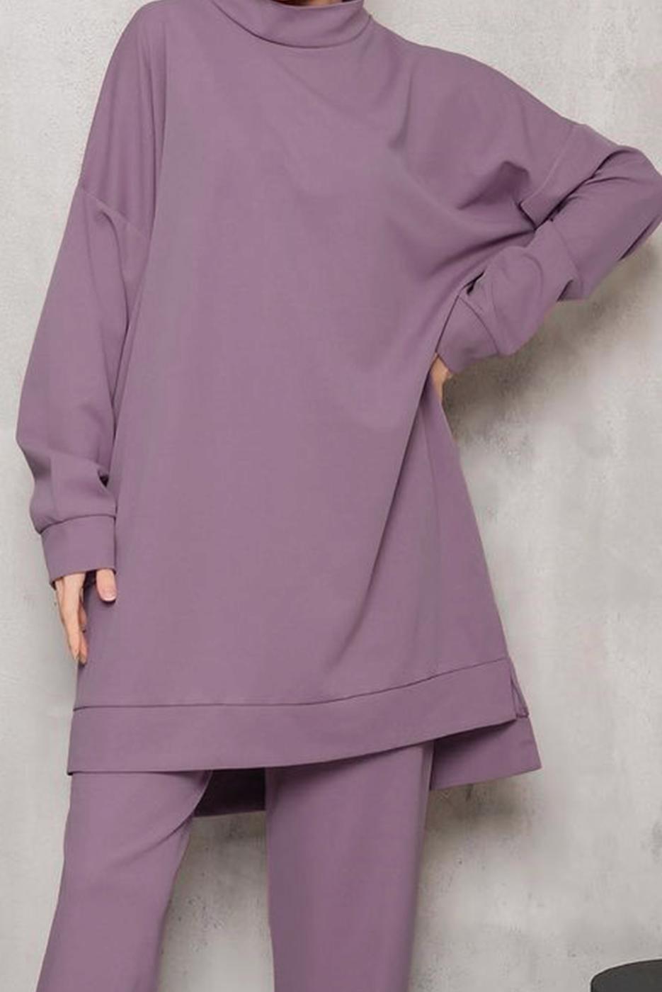 Tesettür giyim PEMBE DİK YAKALI İKİLİ PANTOLONLU TAKIM 4222 