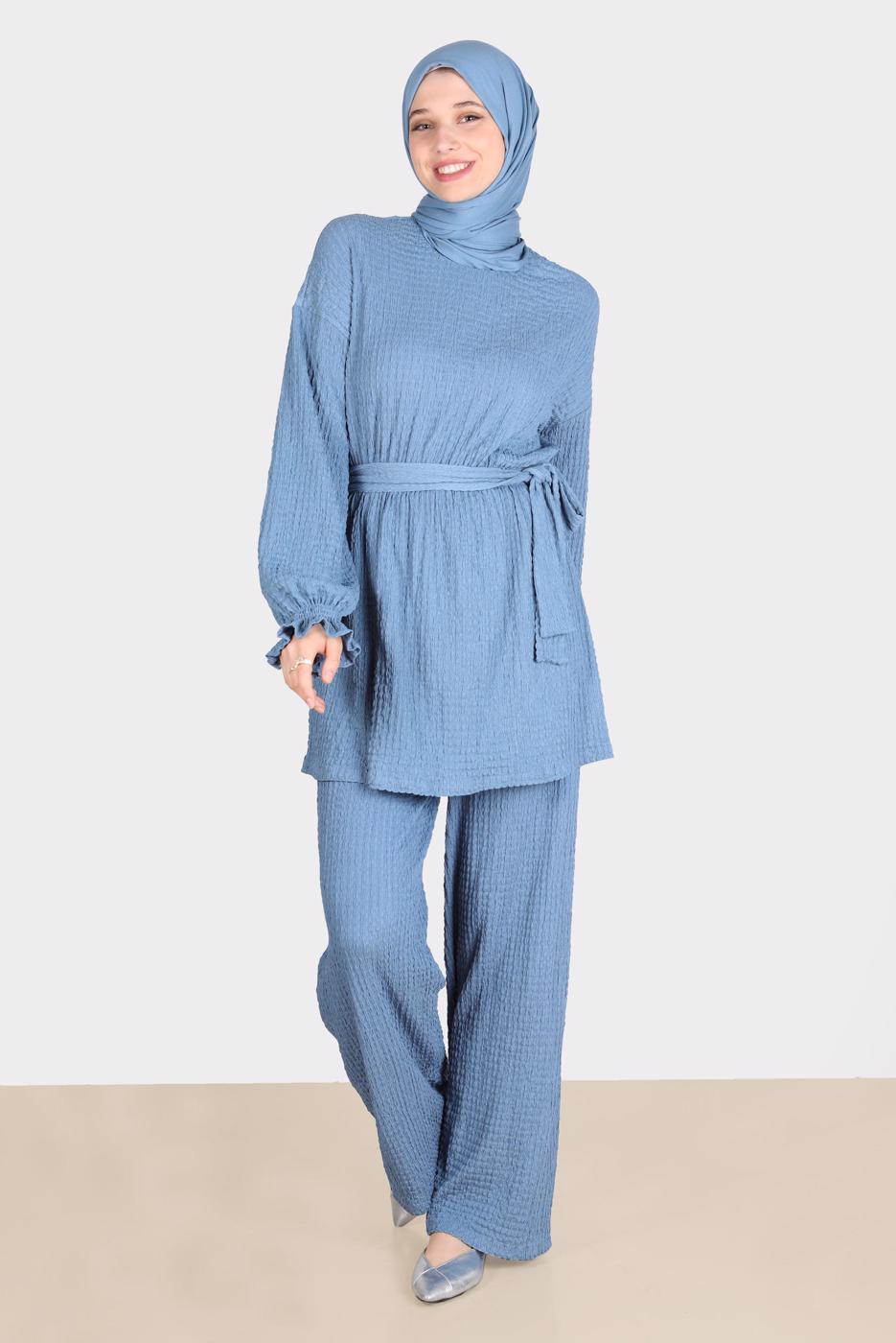 Tesettür giyim LACİVERT ALVİNA WAFFLE EFEKTLİ PANTOLONLU TAKIM T 42716
