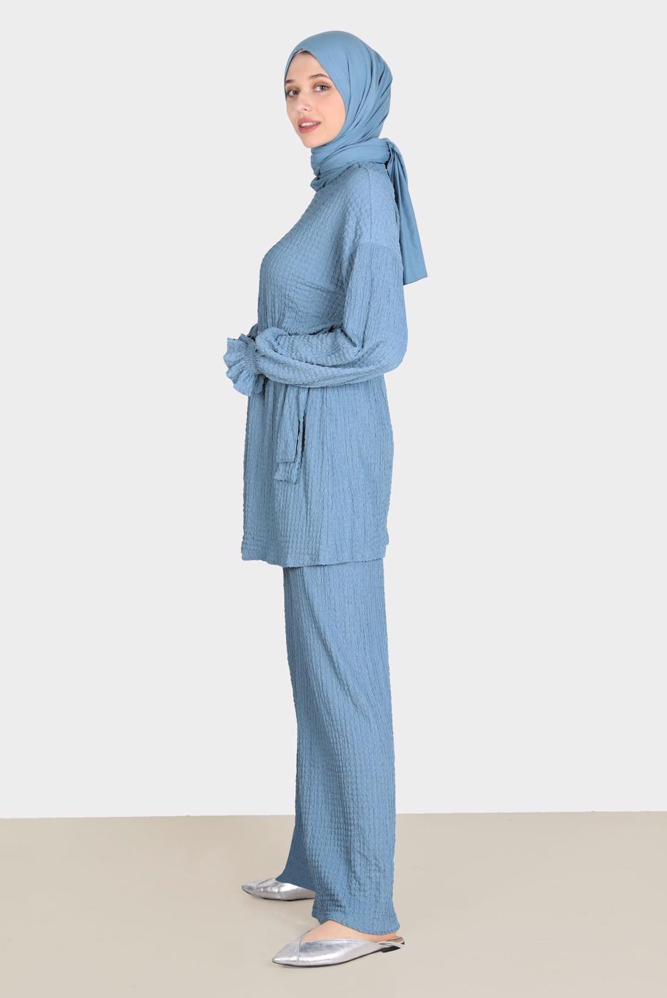 Tesettür giyim LACİVERT ALVİNA WAFFLE EFEKTLİ PANTOLONLU TAKIM T 42716