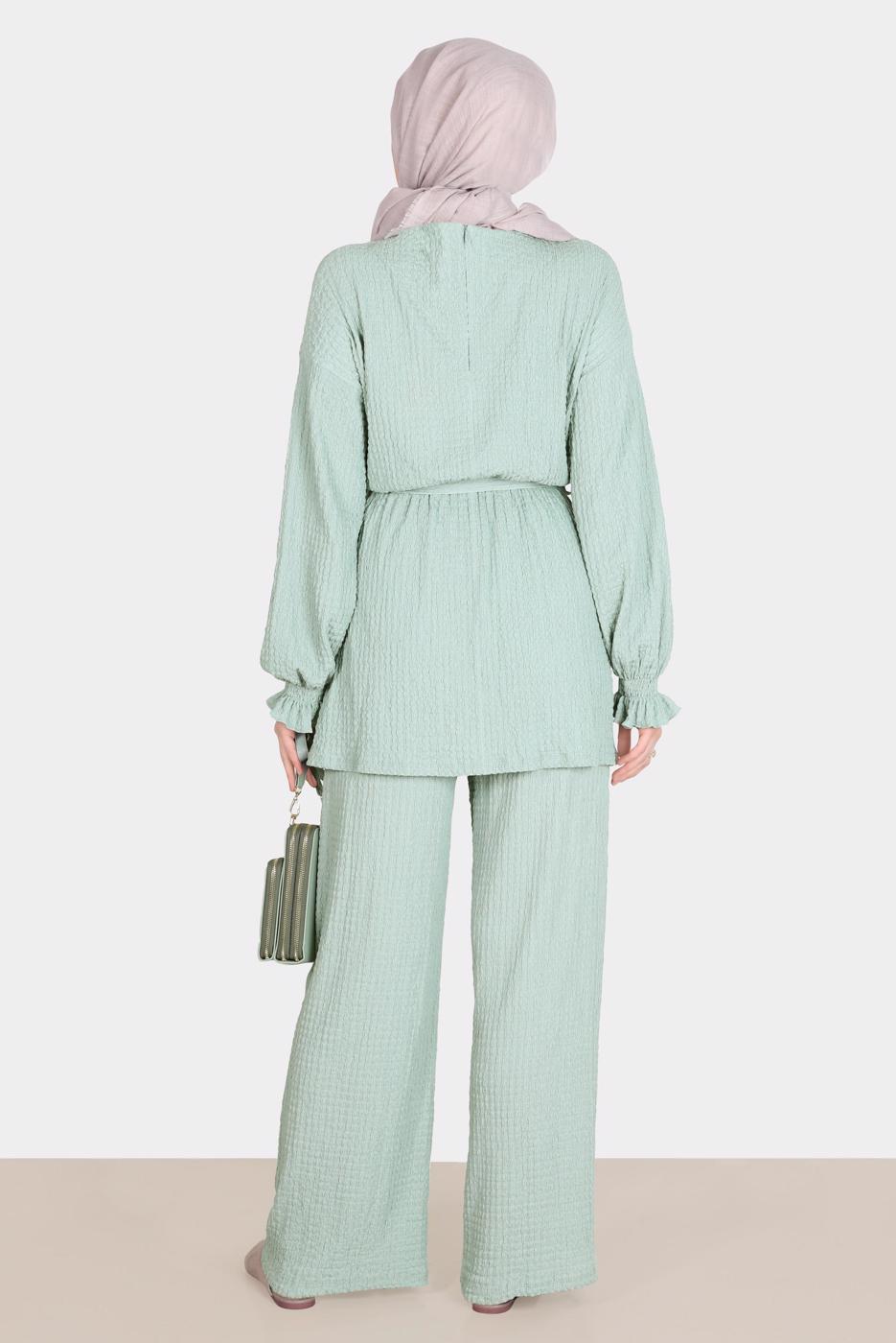 Tesettür giyim YEŞİL ALVİNA WAFFLE EFEKTLİ PANTOLONLU TAKIM T 42716