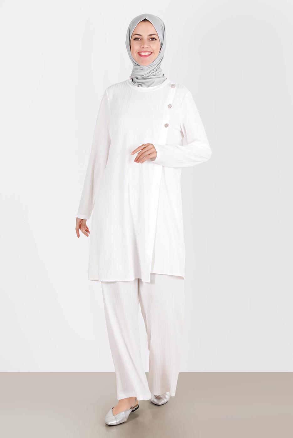 Tesettür giyim KREM ALVİNA TAŞLI PANTOLONLU TAKIM T 42882