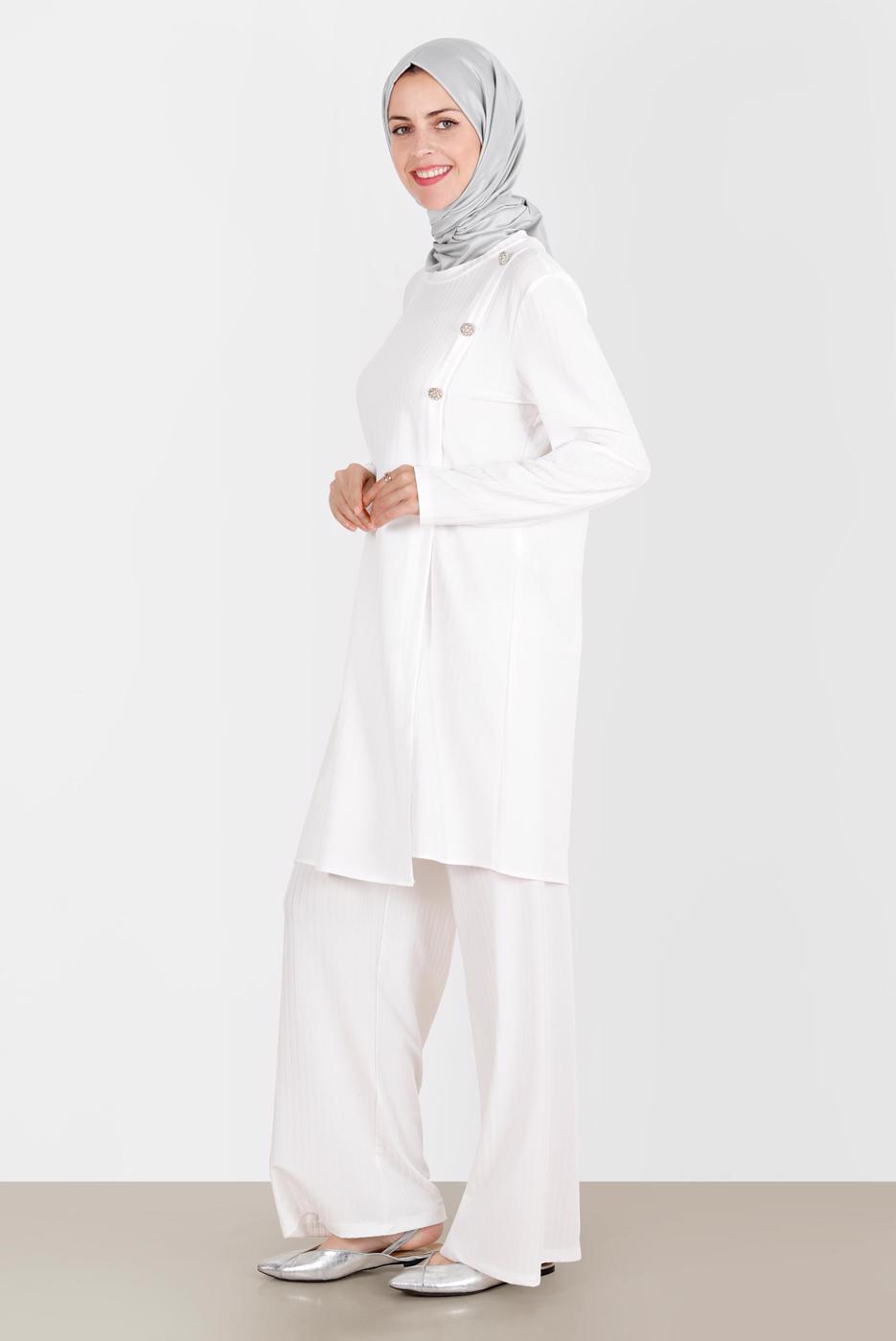 Tesettür giyim KREM ALVİNA TAŞLI PANTOLONLU TAKIM T 42882