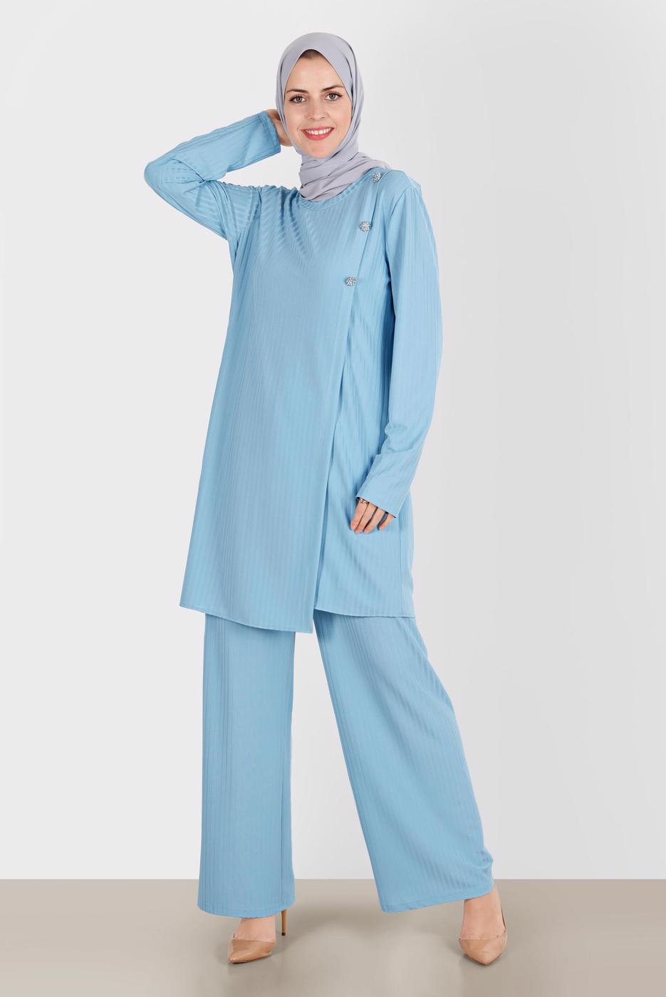 Tesettür giyim MAVİ ALVİNA TAŞLI PANTOLONLU TAKIM T 42882