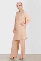 Tesettür giyim BEJ ALVİNA TAŞLI PANTOLONLU TAKIM T 42882