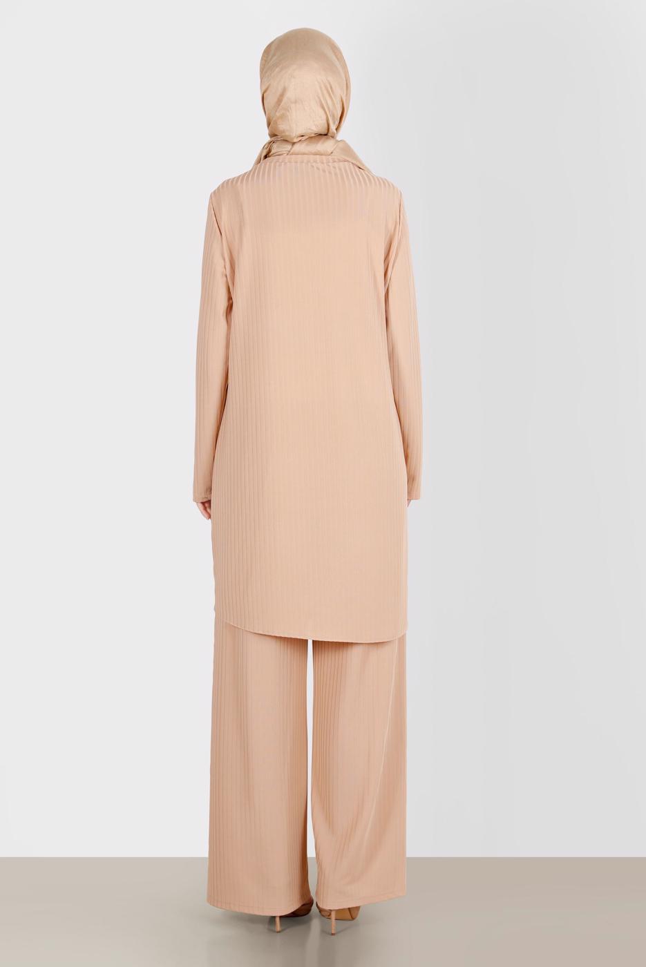 Tesettür giyim BEJ ALVİNA TAŞLI PANTOLONLU TAKIM T 42882