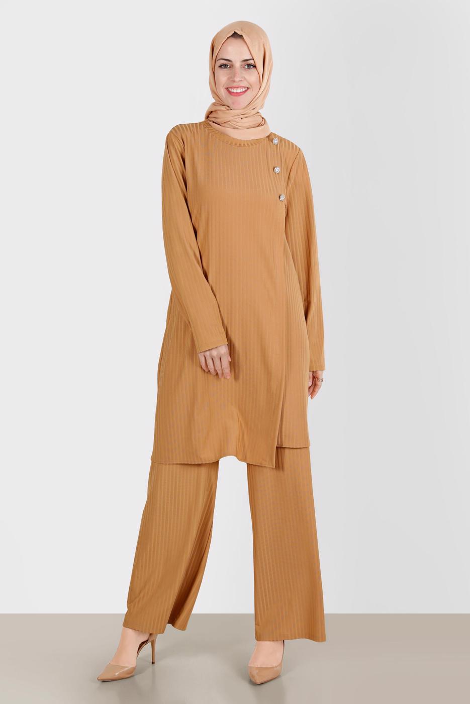 Tesettür giyim TURUNCU ALVİNA TAŞLI PANTOLONLU TAKIM T 42882