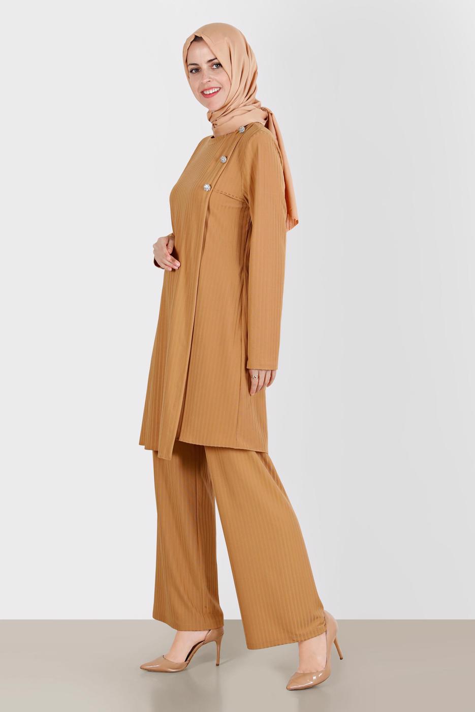Tesettür giyim TURUNCU ALVİNA TAŞLI PANTOLONLU TAKIM T 42882