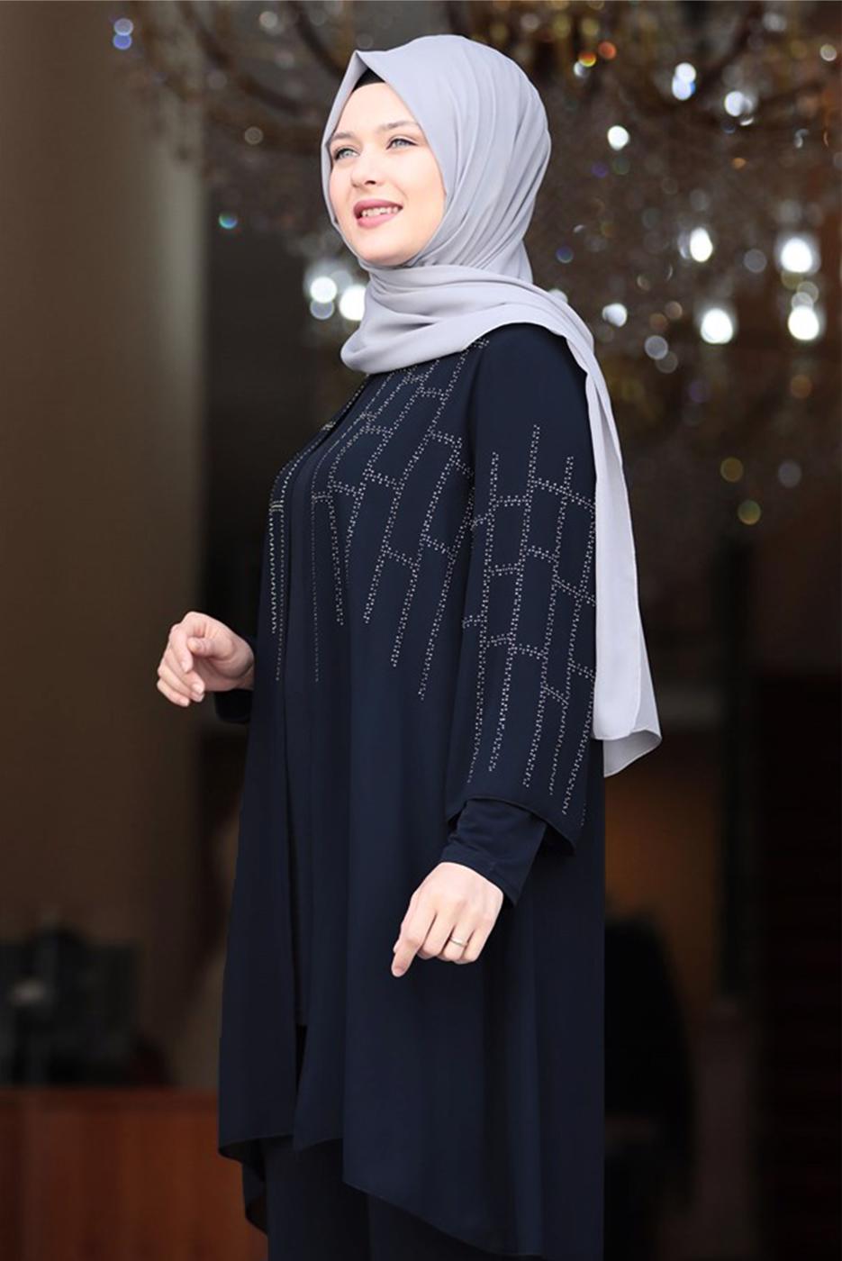 Tesettür giyim LACİVERT DESENLİ PANTOLONLU TAKIM T 4901	