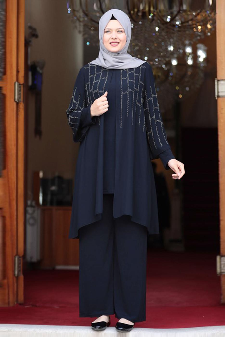 Tesettür giyim LACİVERT DESENLİ PANTOLONLU TAKIM T 4901	