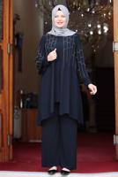 Tesettür giyim LACİVERT DESENLİ PANTOLONLU TAKIM T 4901	