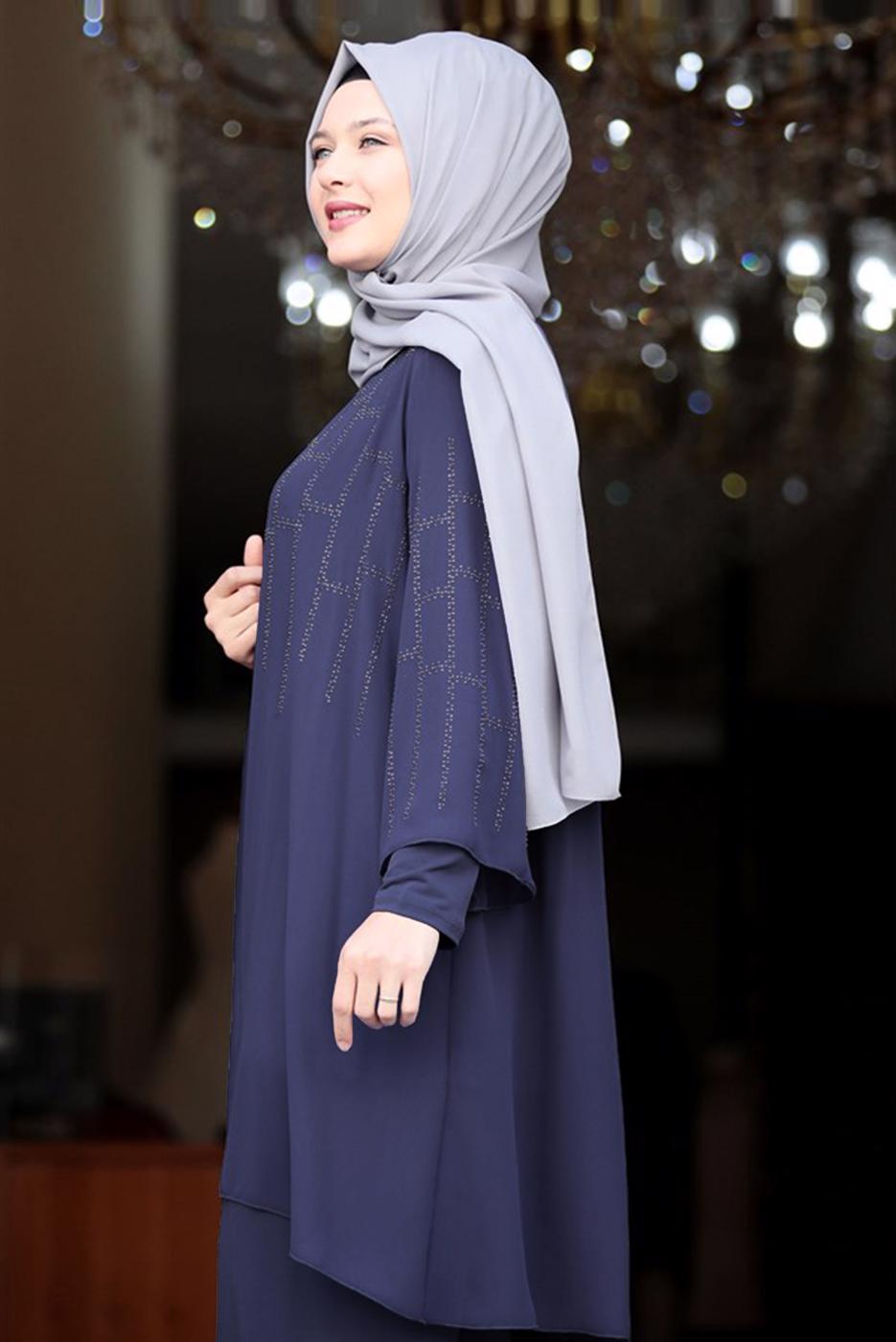 Tesettür giyim LACİVERT DESENLİ PANTOLONLU TAKIM T 4901