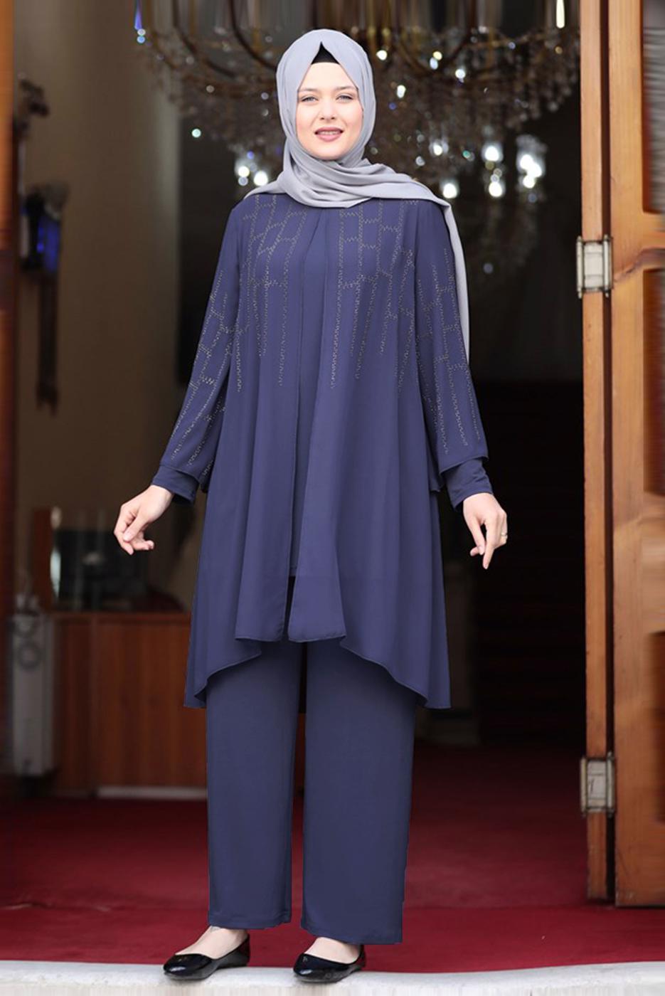 Tesettür giyim LACİVERT DESENLİ PANTOLONLU TAKIM T 4901
