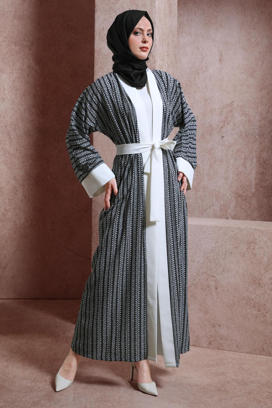 Tesettür giyim SİYAH DESENLİ PANTOLONLU KİMONO TAKIM 5038 