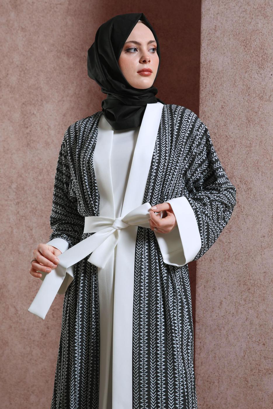 Tesettür giyim SİYAH DESENLİ PANTOLONLU KİMONO TAKIM 5038 