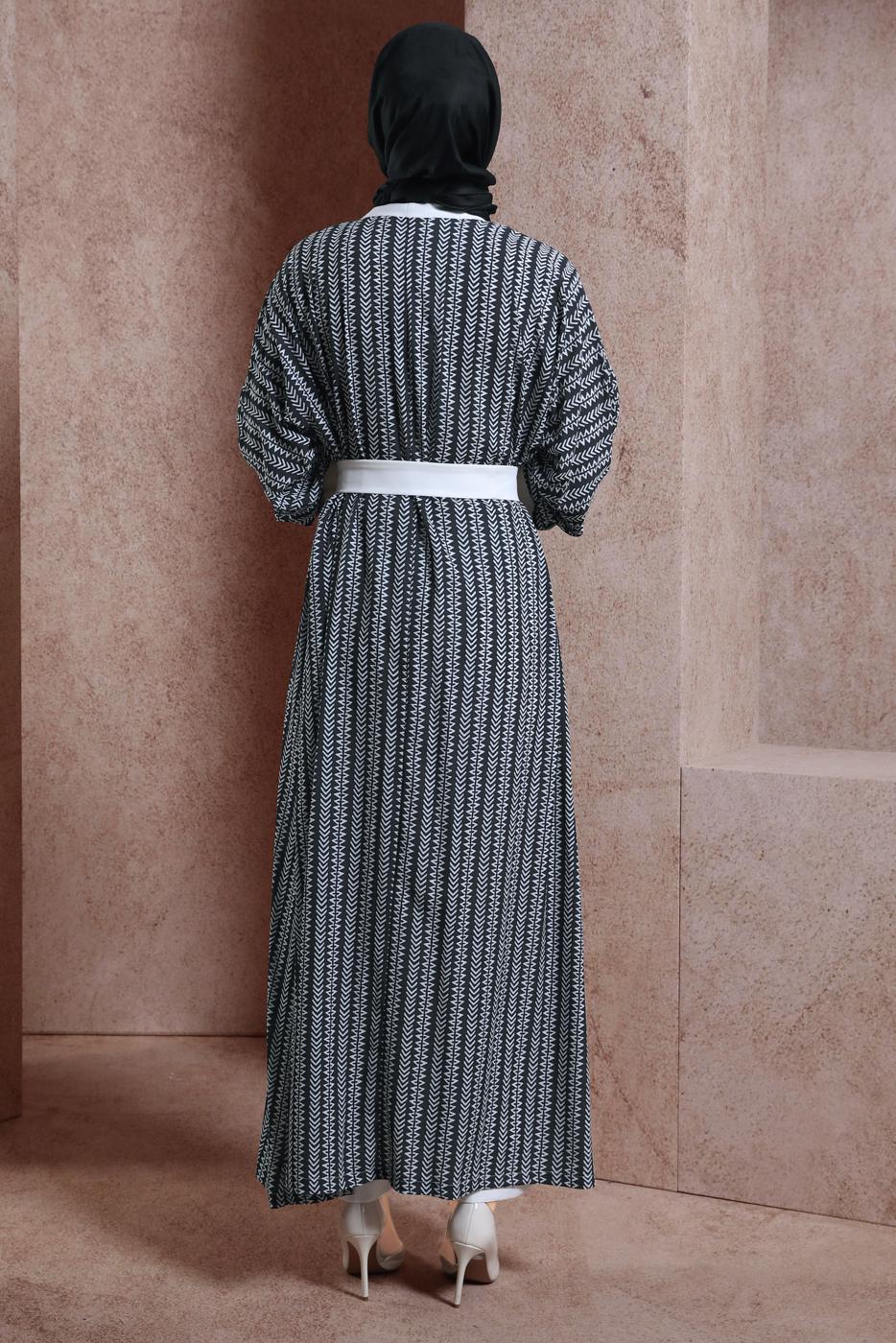 Tesettür giyim SİYAH DESENLİ PANTOLONLU KİMONO TAKIM 5038 