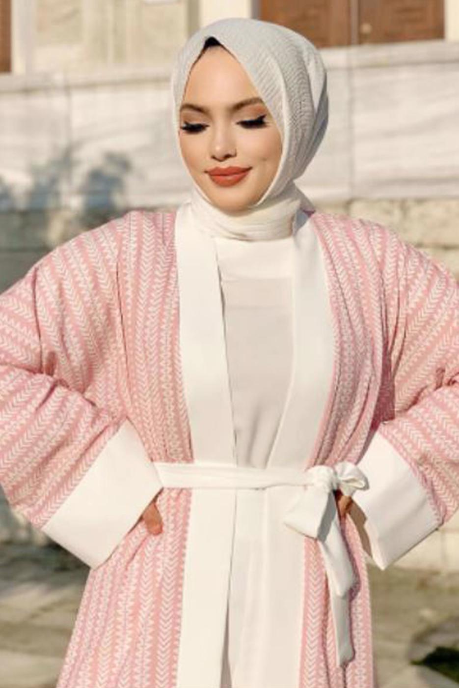 Tesettür giyim PUDRA DESENLİ PANTOLONLU KİMONO TAKIM 5038 