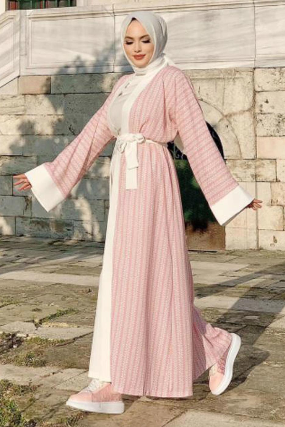 Tesettür giyim PUDRA DESENLİ PANTOLONLU KİMONO TAKIM 5038 