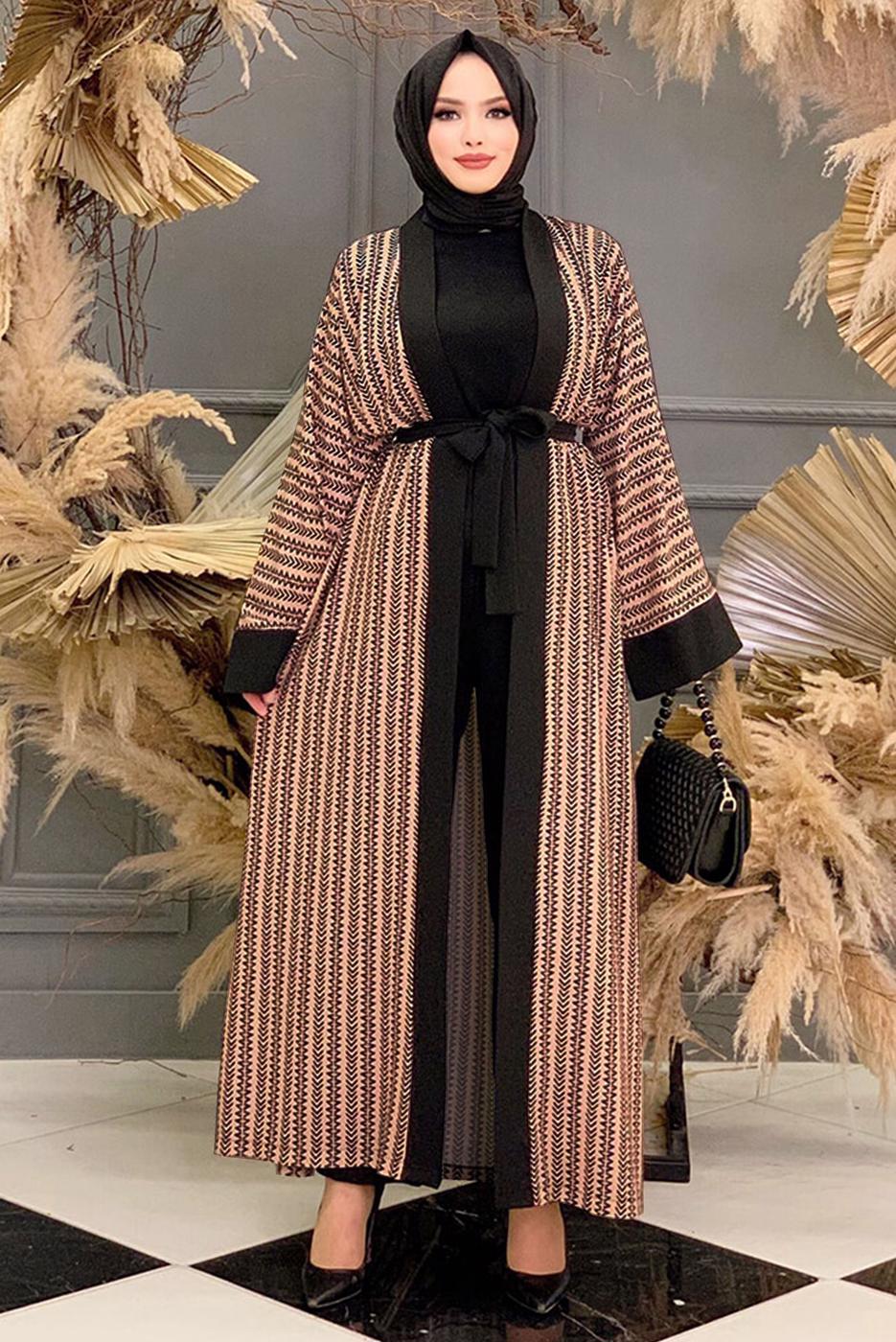 Tesettür giyim TABA DESENLİ PANTOLONLU KİMONO TAKIM 5038 