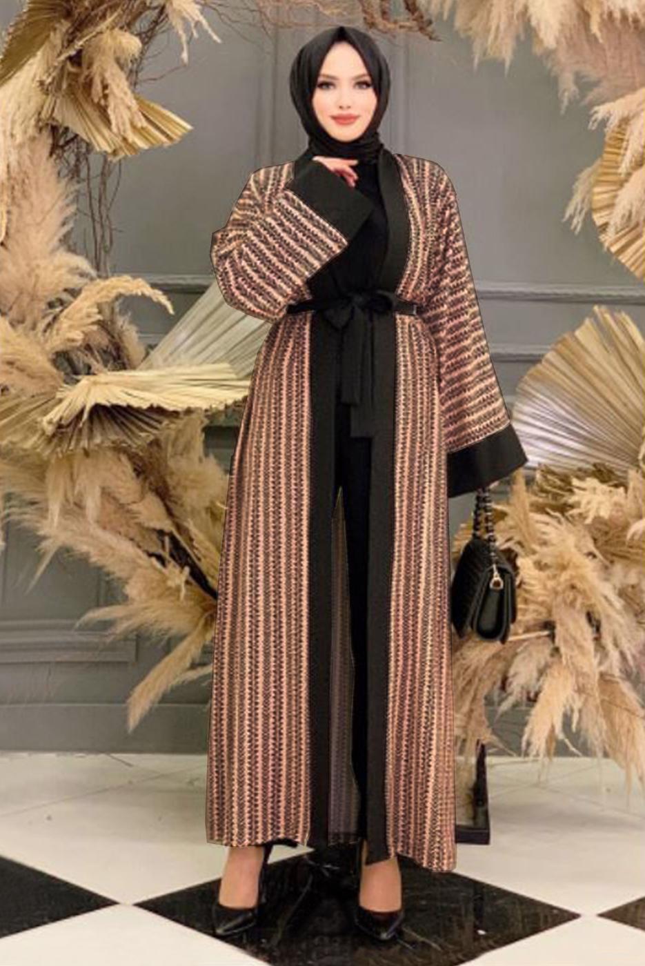 Tesettür giyim TABA DESENLİ PANTOLONLU KİMONO TAKIM 5038 