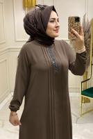 Tesettür giyim VİZON MANŞETLERİ LASTİKLİ TAŞLI PANTOLONLU TAKIM 5055