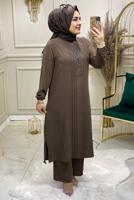 Tesettür giyim VİZON MANŞETLERİ LASTİKLİ TAŞLI PANTOLONLU TAKIM 5055