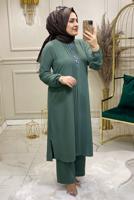Tesettür giyim YEŞİL MANŞETLERİ LASTİKLİ TAŞLI PANTOLONLU TAKIM 5055
