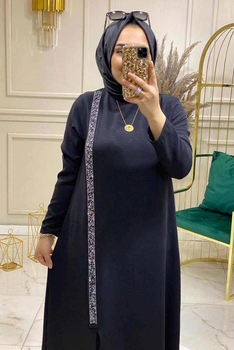 Tesettür giyim SİYAH TAŞLI ŞERİT DETAYLI PANTOLONLU TAKIM 5083