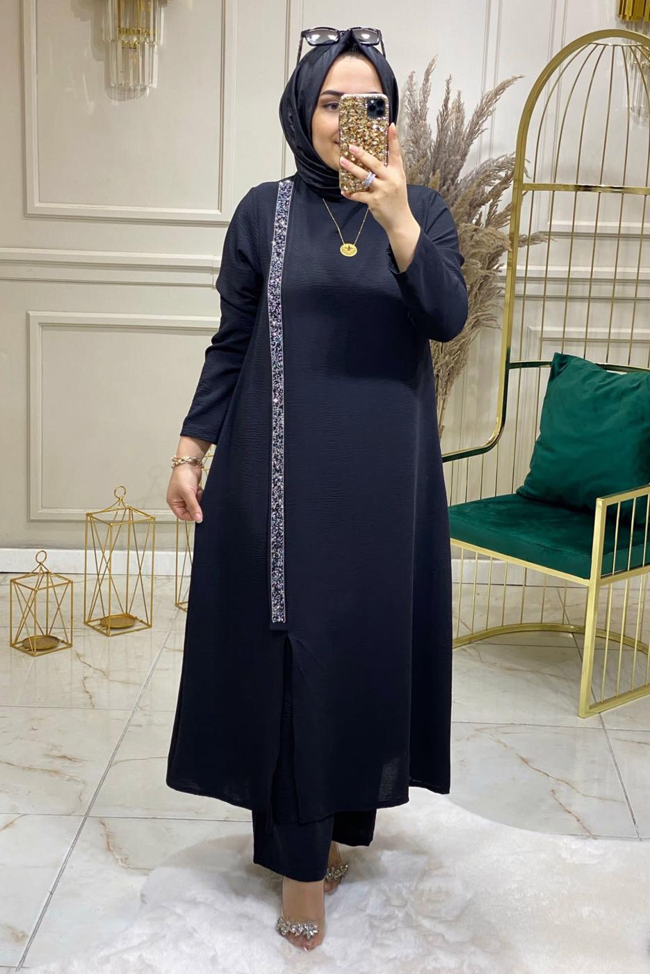 Tesettür giyim SİYAH TAŞLI ŞERİT DETAYLI PANTOLONLU TAKIM 5083