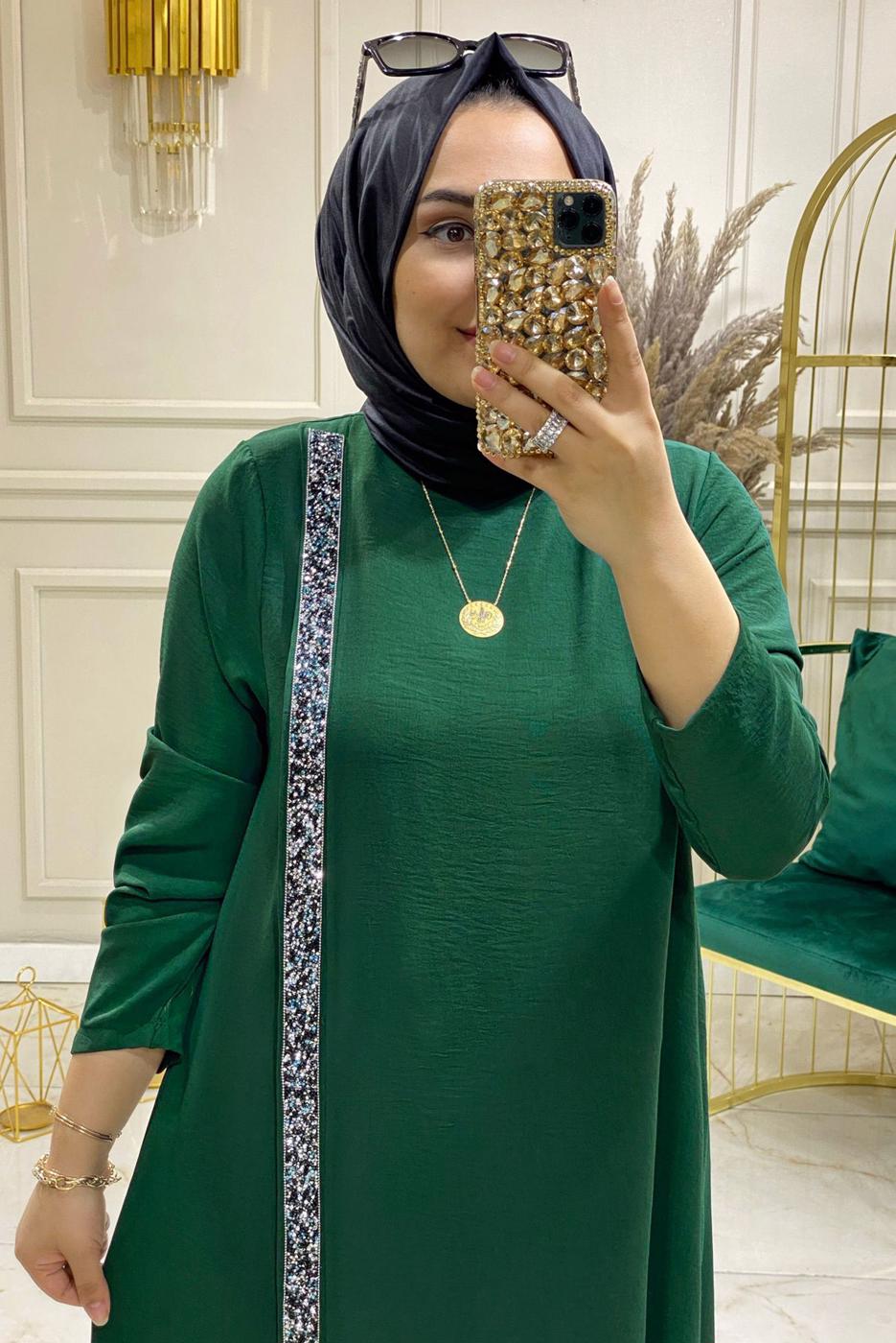 Tesettür giyim YEŞİL TAŞLI ŞERİT DETAYLI PANTOLONLU TAKIM 5083