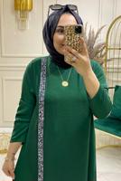 Tesettür giyim YEŞİL TAŞLI ŞERİT DETAYLI PANTOLONLU TAKIM 5083