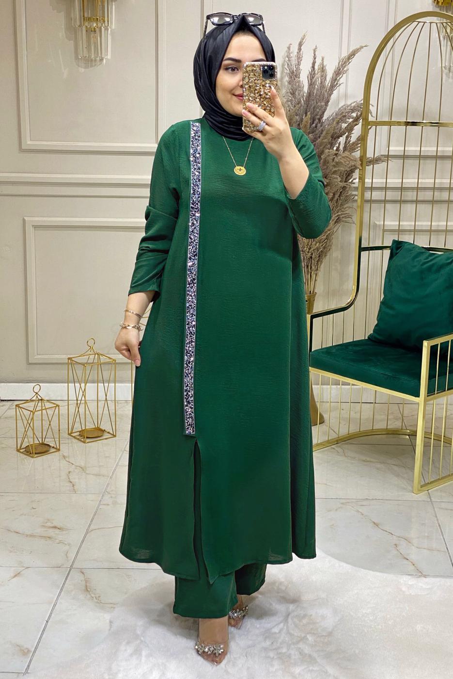 Tesettür giyim YEŞİL TAŞLI ŞERİT DETAYLI PANTOLONLU TAKIM 5083