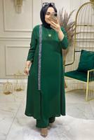 Tesettür giyim YEŞİL TAŞLI ŞERİT DETAYLI PANTOLONLU TAKIM 5083