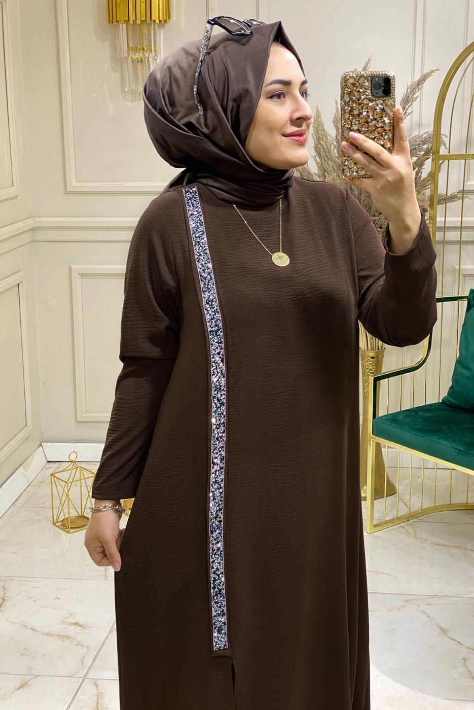 Tesettür giyim KAHVE TAŞLI ŞERİT DETAYLI PANTOLONLU TAKIM 5083