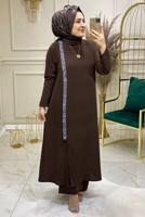 Tesettür giyim KAHVE TAŞLI ŞERİT DETAYLI PANTOLONLU TAKIM 5083