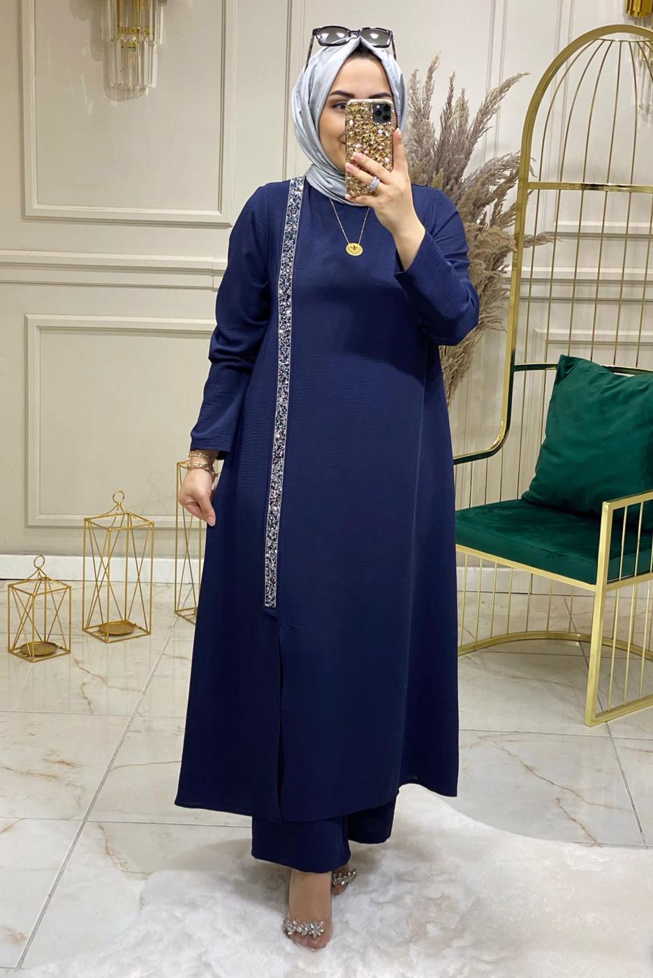 Tesettür giyim LACİVERT TAŞLI ŞERİT DETAYLI PANTOLONLU TAKIM 5083