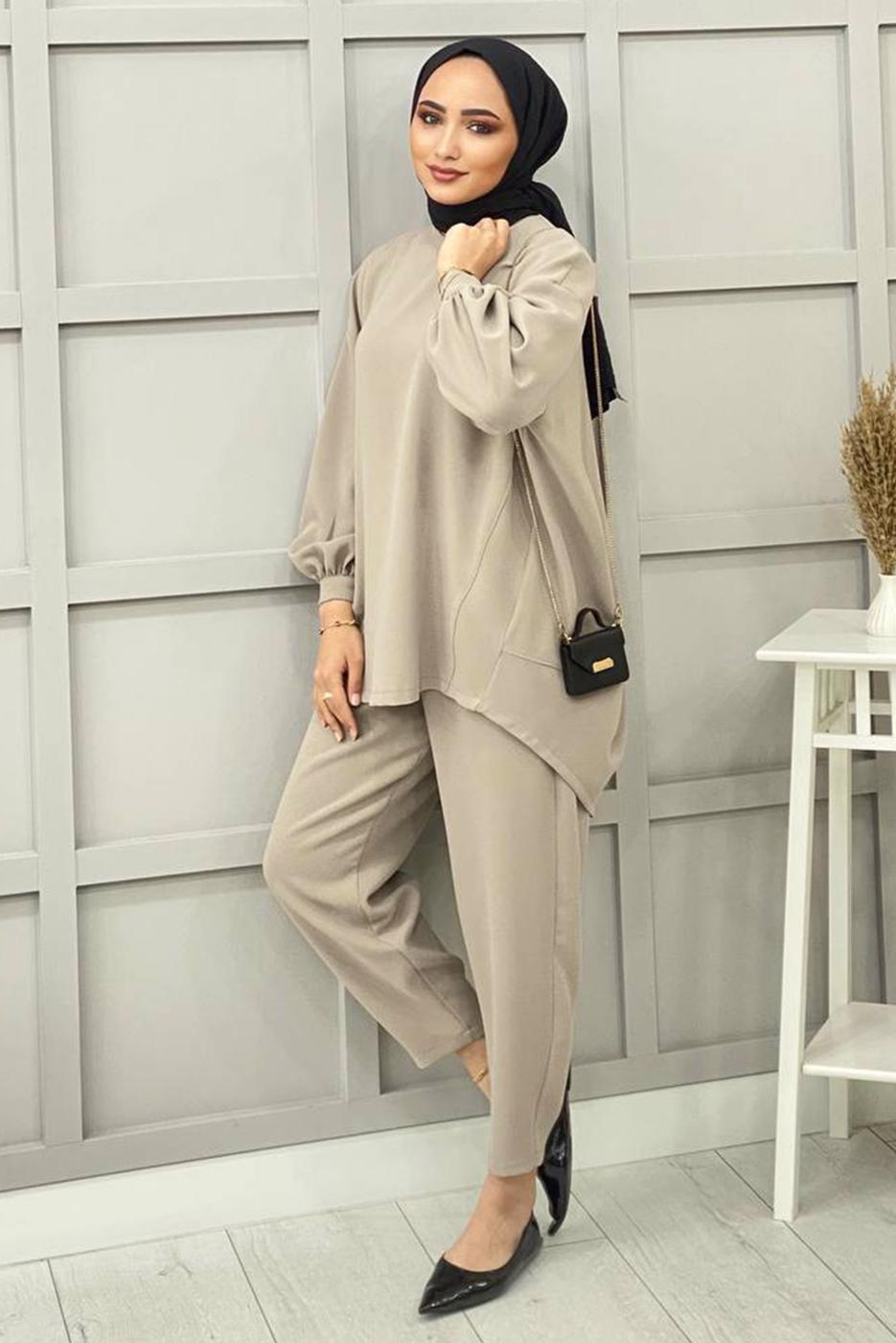 Tesettür giyim BEJ BASIC PANTOLONLU TAKIM 5112 