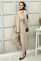 Tesettür giyim BEJ BASIC PANTOLONLU TAKIM 5112 