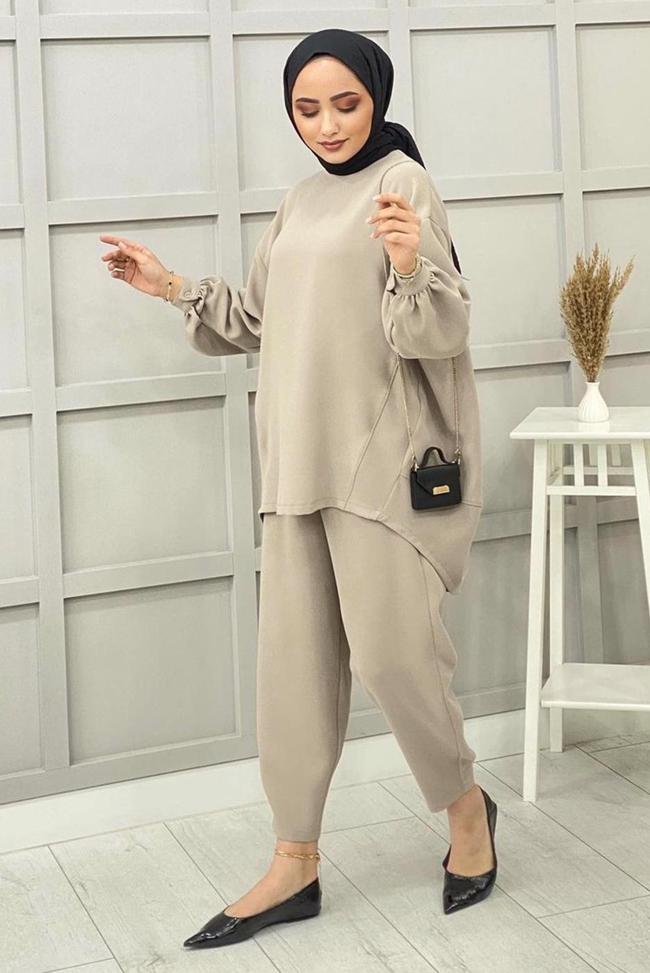 Tesettür giyim BEJ BASIC PANTOLONLU TAKIM 5112 
