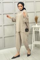 Tesettür giyim BEJ BASIC PANTOLONLU TAKIM 5112 