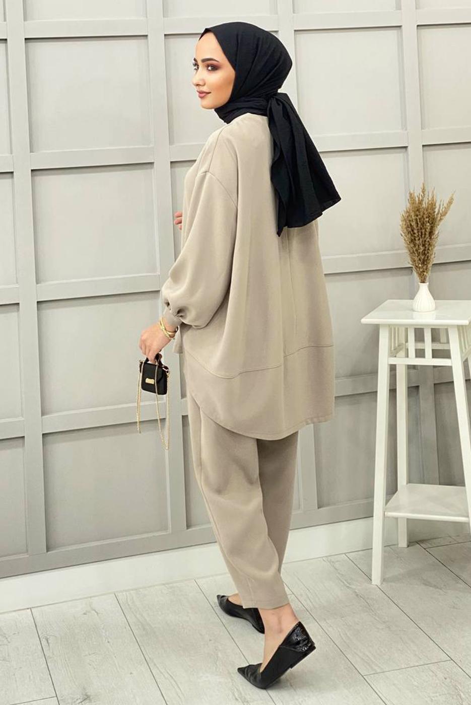 Tesettür giyim BEJ BASIC PANTOLONLU TAKIM 5112 