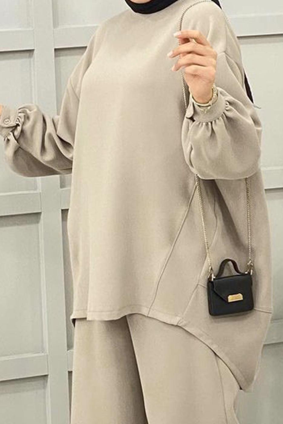 Tesettür giyim BEJ BASIC PANTOLONLU TAKIM 5112 