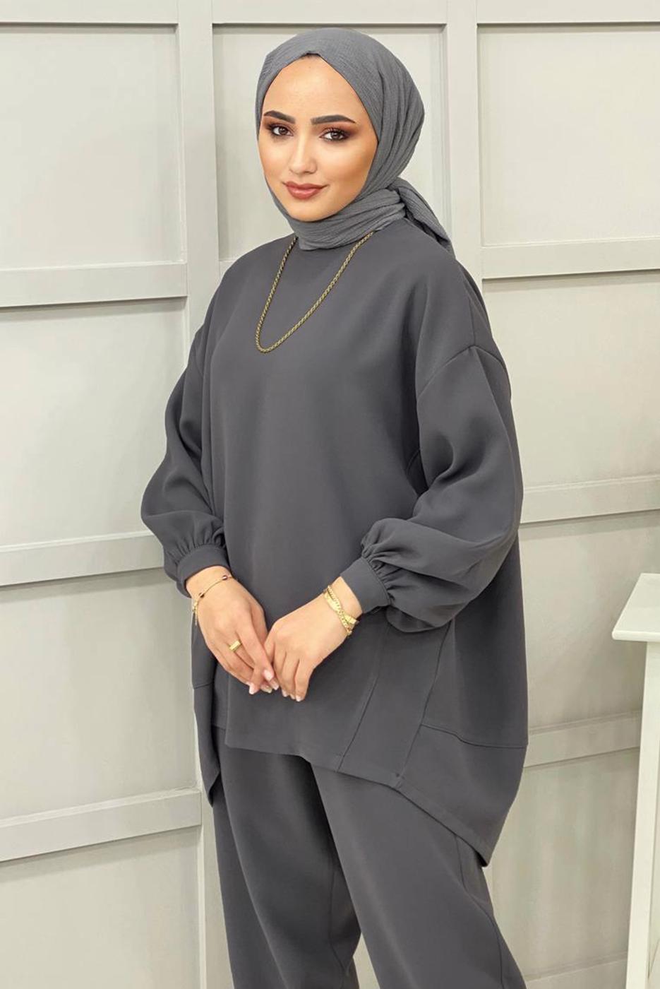 Tesettür giyim GRİ BASIC PANTOLONLU TAKIM 5112 