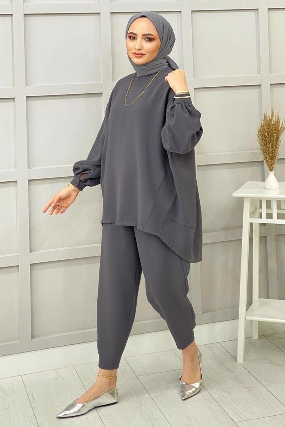 Tesettür giyim GRİ BASIC PANTOLONLU TAKIM 5112 
