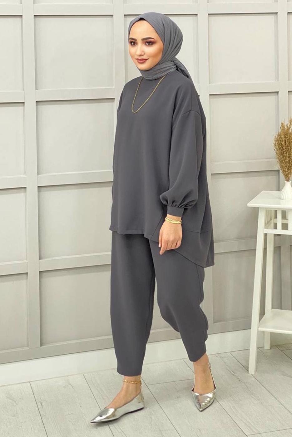 Tesettür giyim GRİ BASIC PANTOLONLU TAKIM 5112 